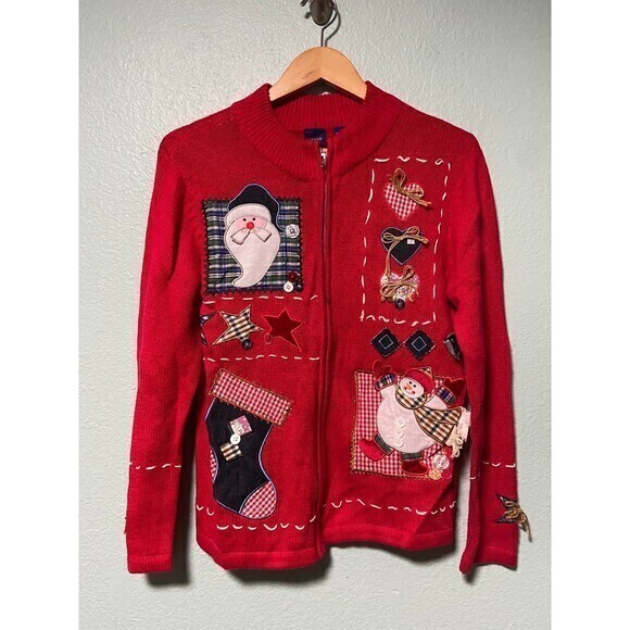 Vintage Basic Editions Women's Red Snowman Santa Claus Zip Up Sweater Small - Picture 1 of 11